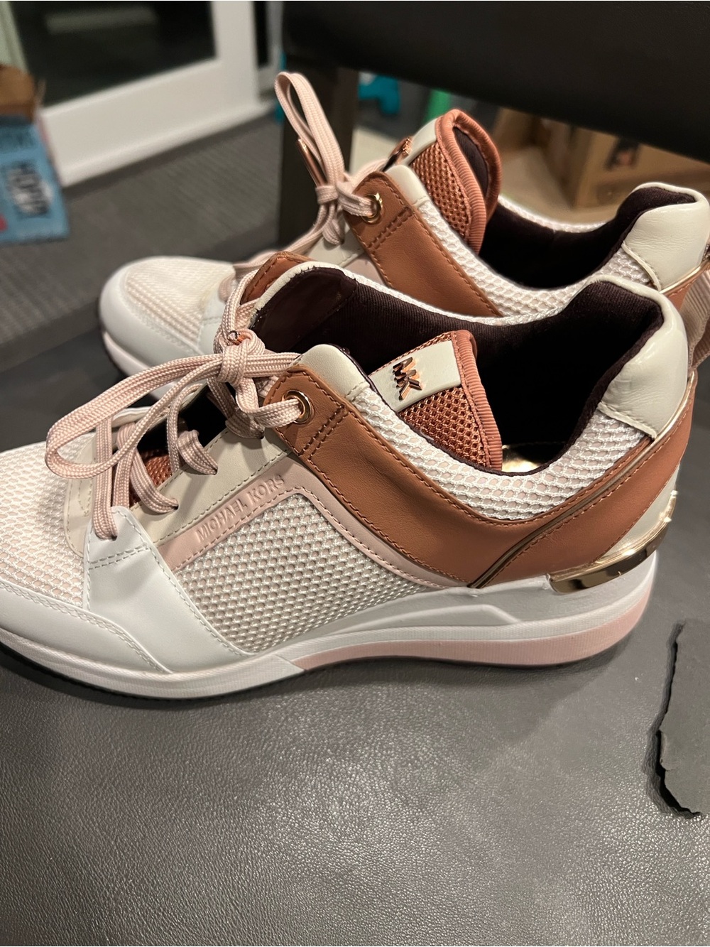 Michael Kors Women's White and Tan Mesh & Leather Sneakers